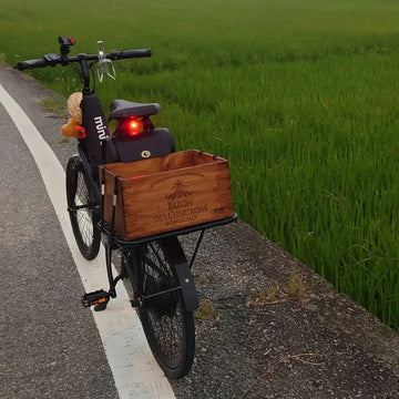 SEic miniu 電輔車停在稻田旁的小路上，後座載著寫有字樣的木箱，車尾燈亮著紅光