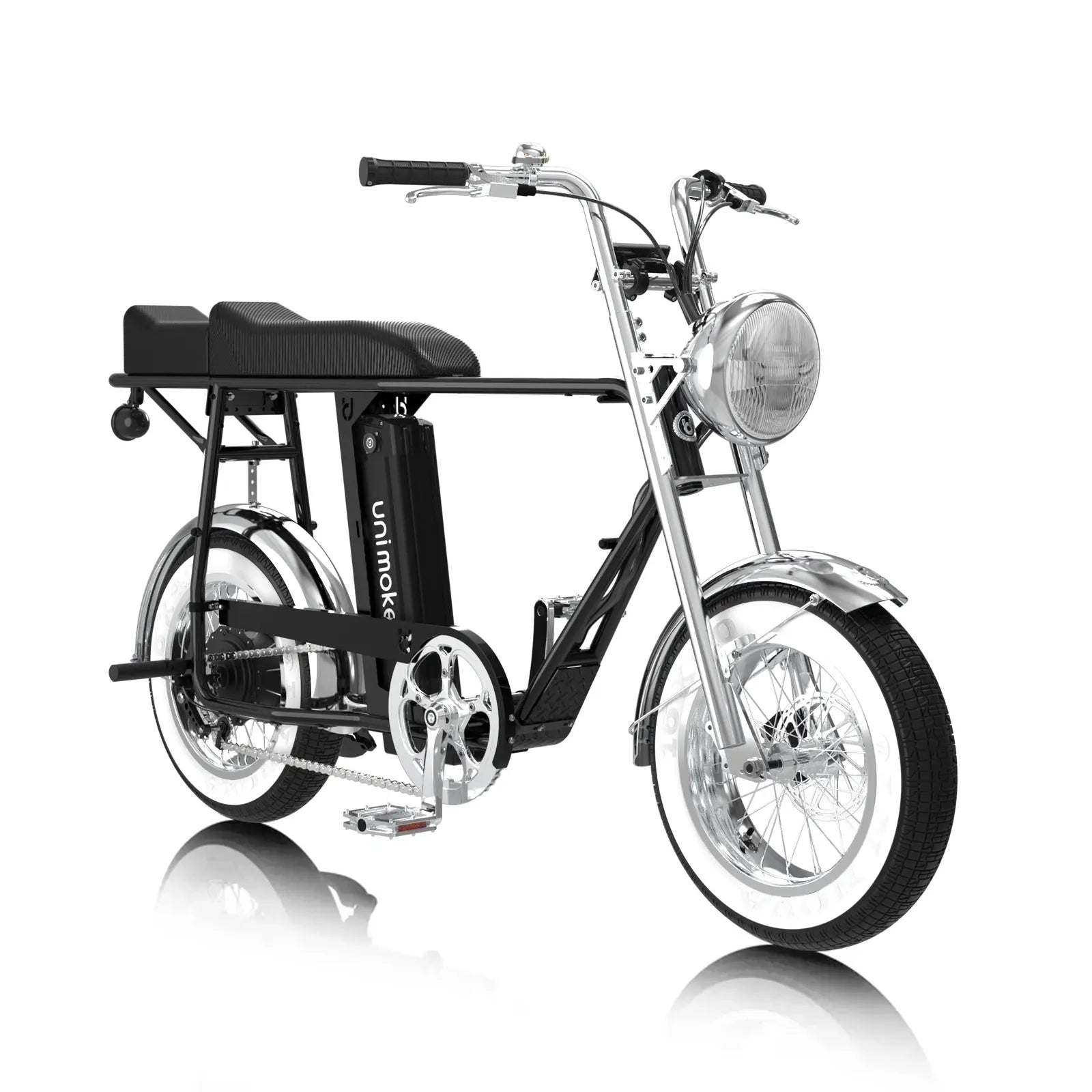 Unimoke minibike / miniswing 同行雙人組，結合復古越野頭燈、泥除、鏈蓋、後車尾燈、加長後座椅墊與鋁合金火箭筒
