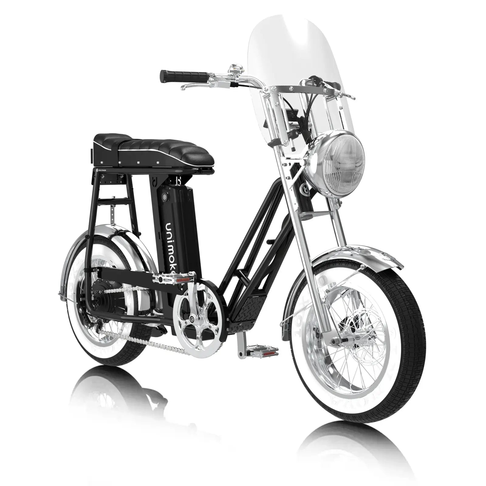 Unimoke minibike / miniswing 追風旗艦組為 16 吋專屬升級配件套組，包含避震前叉、擋風鏡、鉚釘座墊、復古越野頭燈與泥除鏈蓋