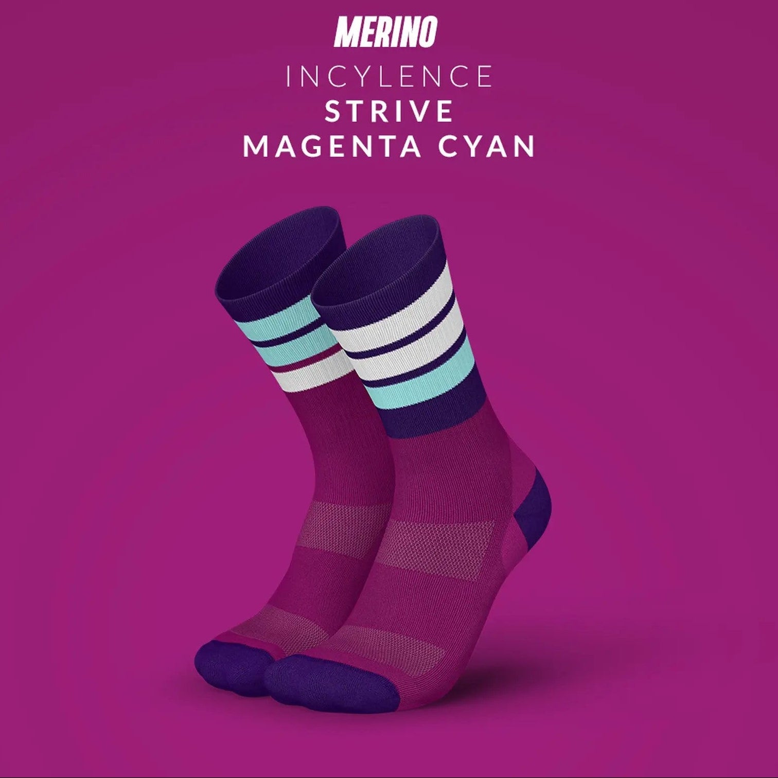 一雙 INCYLENCE Merino Strive 紫紅淺綠羊毛運動機能襪，選用更高比例的 Merino 羊毛，著重於保暖與溫度穩定表現
