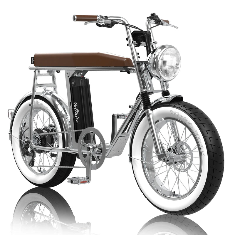Voltaire Paname 電鍍銀聯名電輔車，展示全車亮銀化配件、白邊胖胎與咖啡皮革長座墊