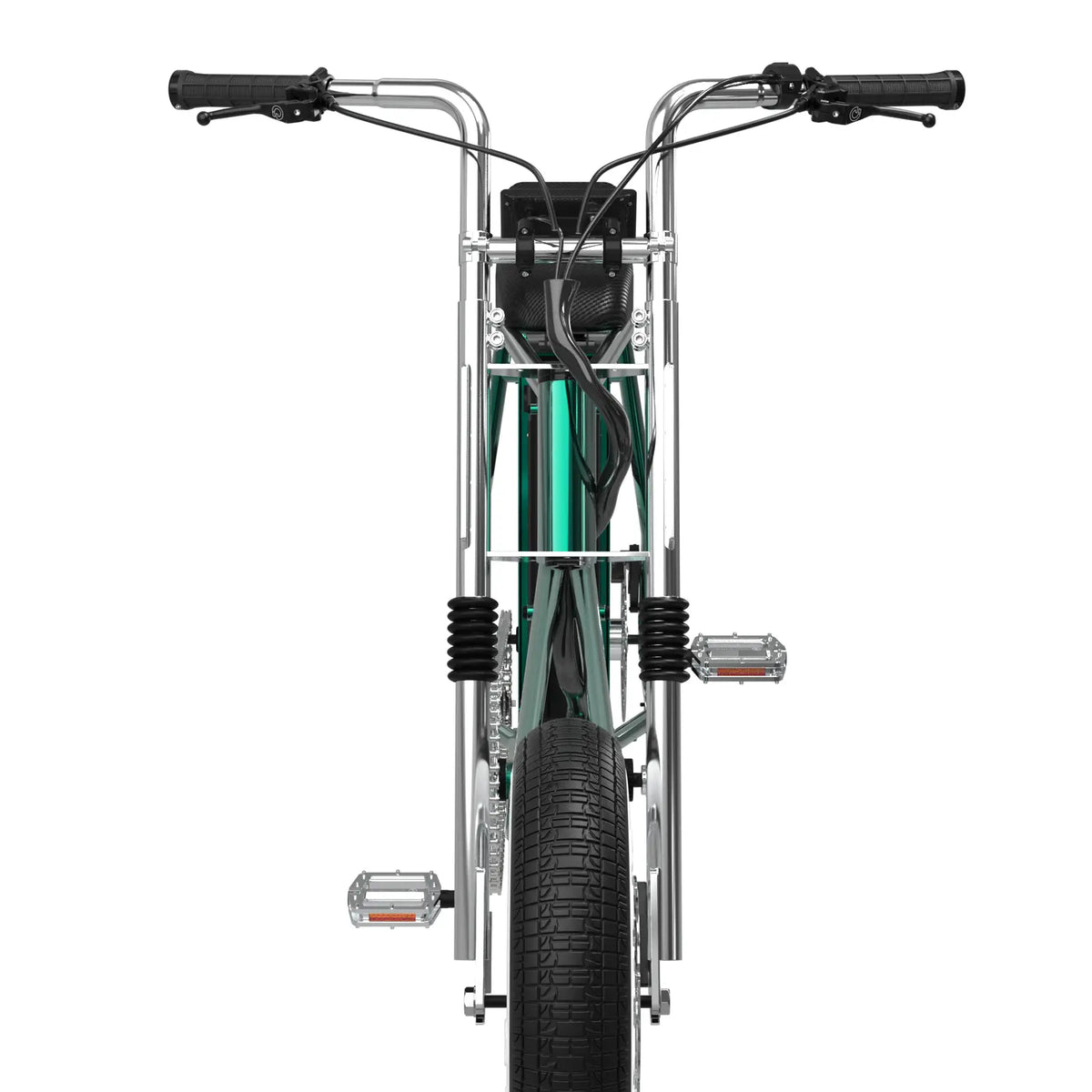 Unimoke minibike 清漆金龜綠標配的電鍍銀避震前叉，可防止路面顛簸，提升騎乘體感