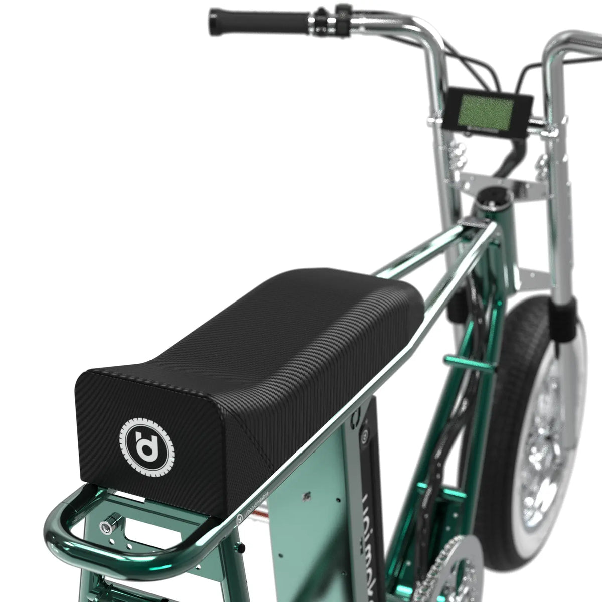 Unimoke minibike 清漆金龜綠標配的可掀式短座墊，方便拆裝電池及日常使用