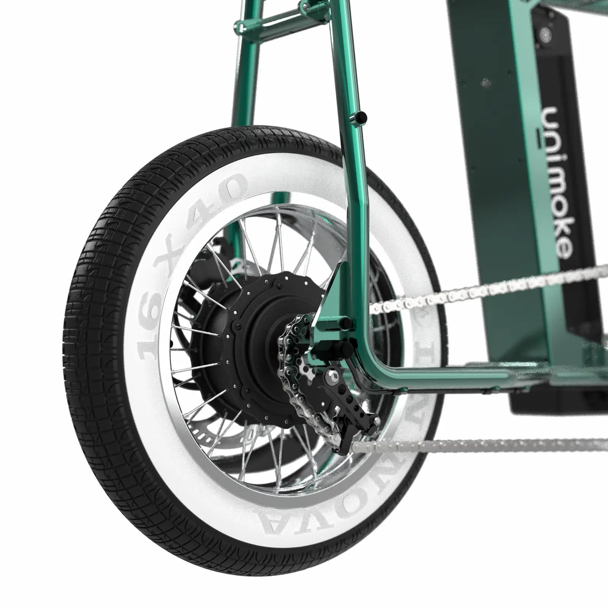 Unimoke minibike 清漆金龜綠的 16 x 4 白邊胖胎及銀色的花鼓輪圈