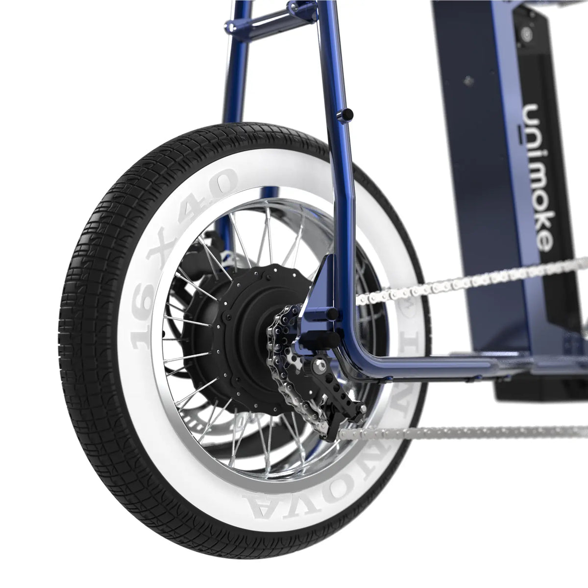 Unimoke miniswing 清漆寶石藍的 16 x 4 白邊胖胎及銀色的花鼓輪圈