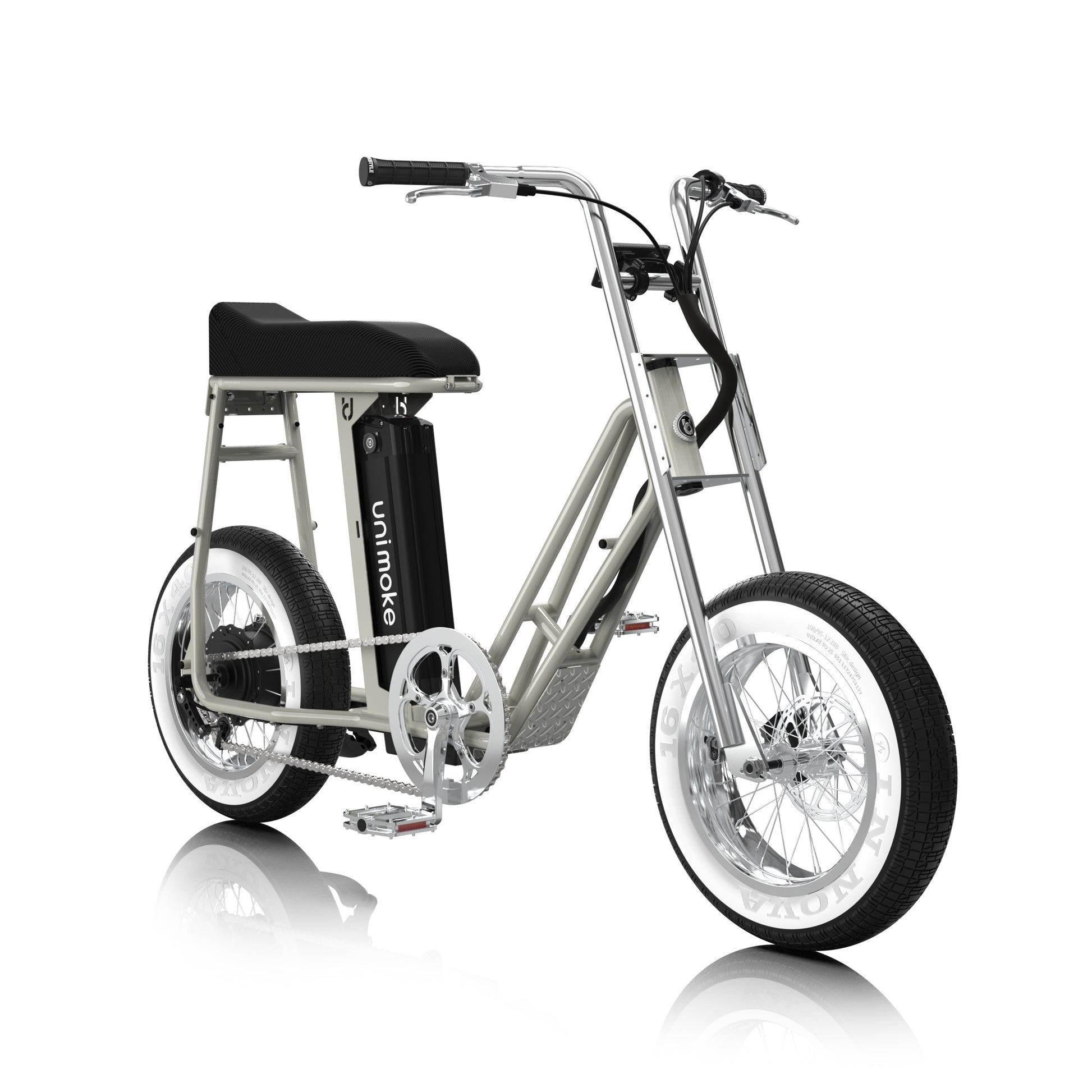 Unimoke miniswing 海鹽灰以低跨點設計結合 16 吋小輪徑與 4.0 胖胎，讓上下車更安全便利。