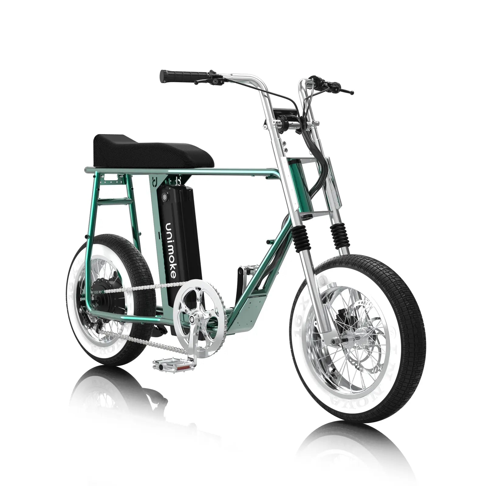 一台 Unimoke minibike 清漆金龜綠，市場首見清漆塗裝電輔車，以透明塗層展現鉻鉬鋼車架的金屬紋理與精湛焊接工藝