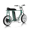 Unimoke minibike 清漆金龜綠的側拍，座墊升級為可掀式，可輕易拆卸電池，金屬新色同時保持復古車型和風格