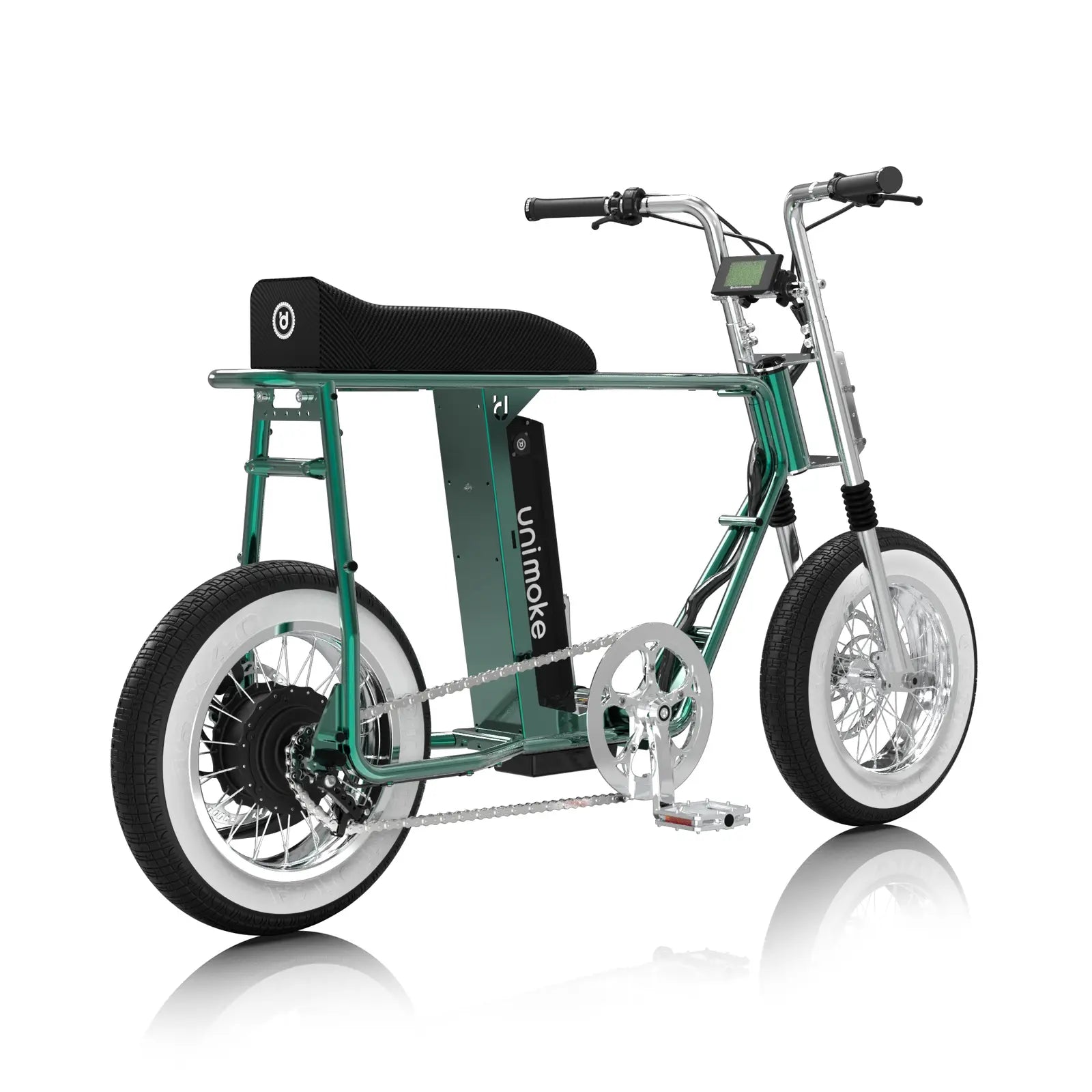 Unimoke minibike 清漆金龜綠的側拍，座墊升級為可掀式，可輕易拆卸電池，金屬新色同時保持復古車型和風格