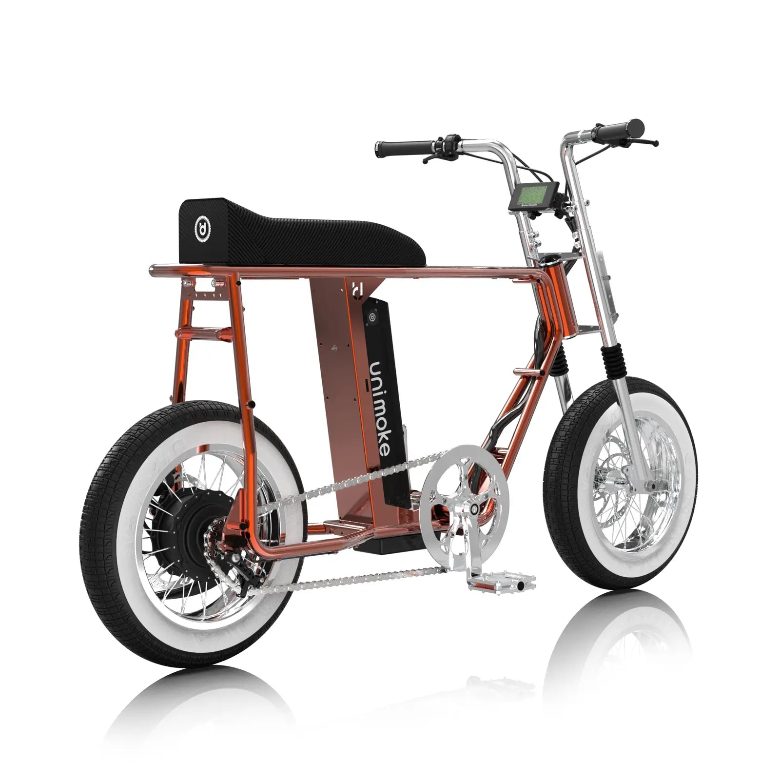 一台 Unimoke minibike 清漆火焰橘標配升級新增簡式後把手及可掀式座墊，騎乘體驗再升級