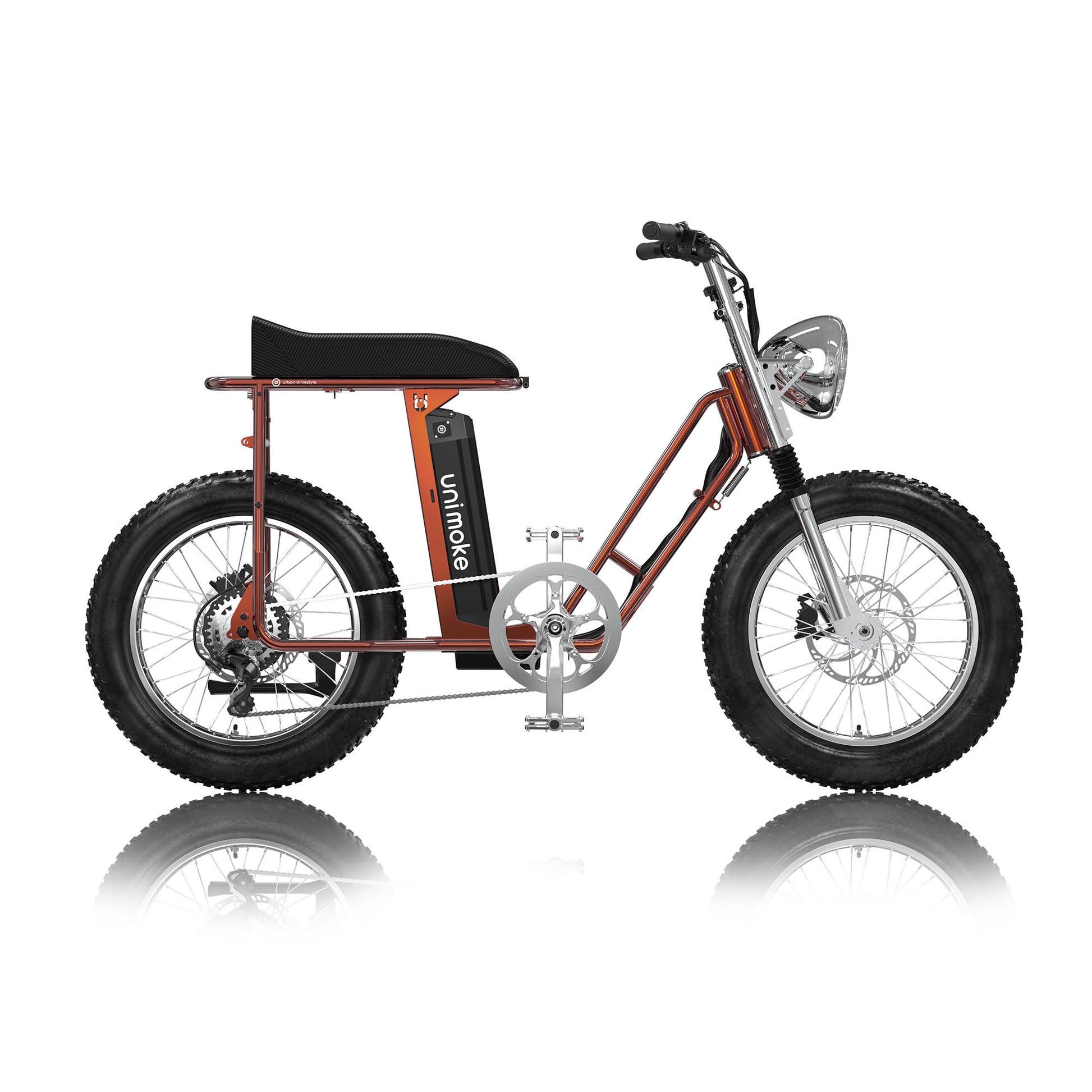 Unimoke SW 清漆火焰橘標配升級包含避震前叉、轉向穩定器、配置 Urban Drivestyle 專屬鋁製銘飾板的雙電池擴充座