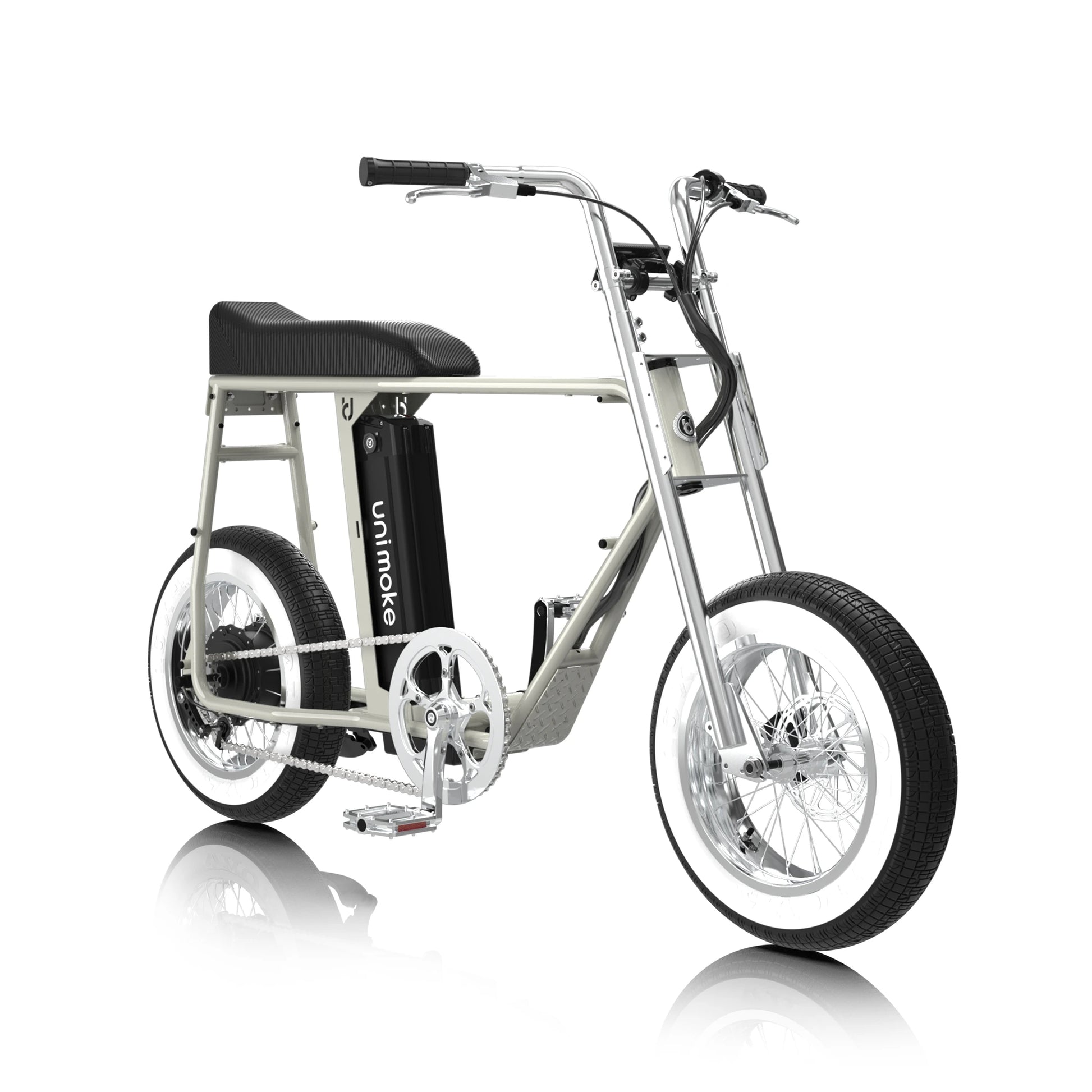 urbandrivestyle minibike 海鹽灰配備 Panasonic 48V 電池與高扭矩後輪電機，並提供 9 段助力