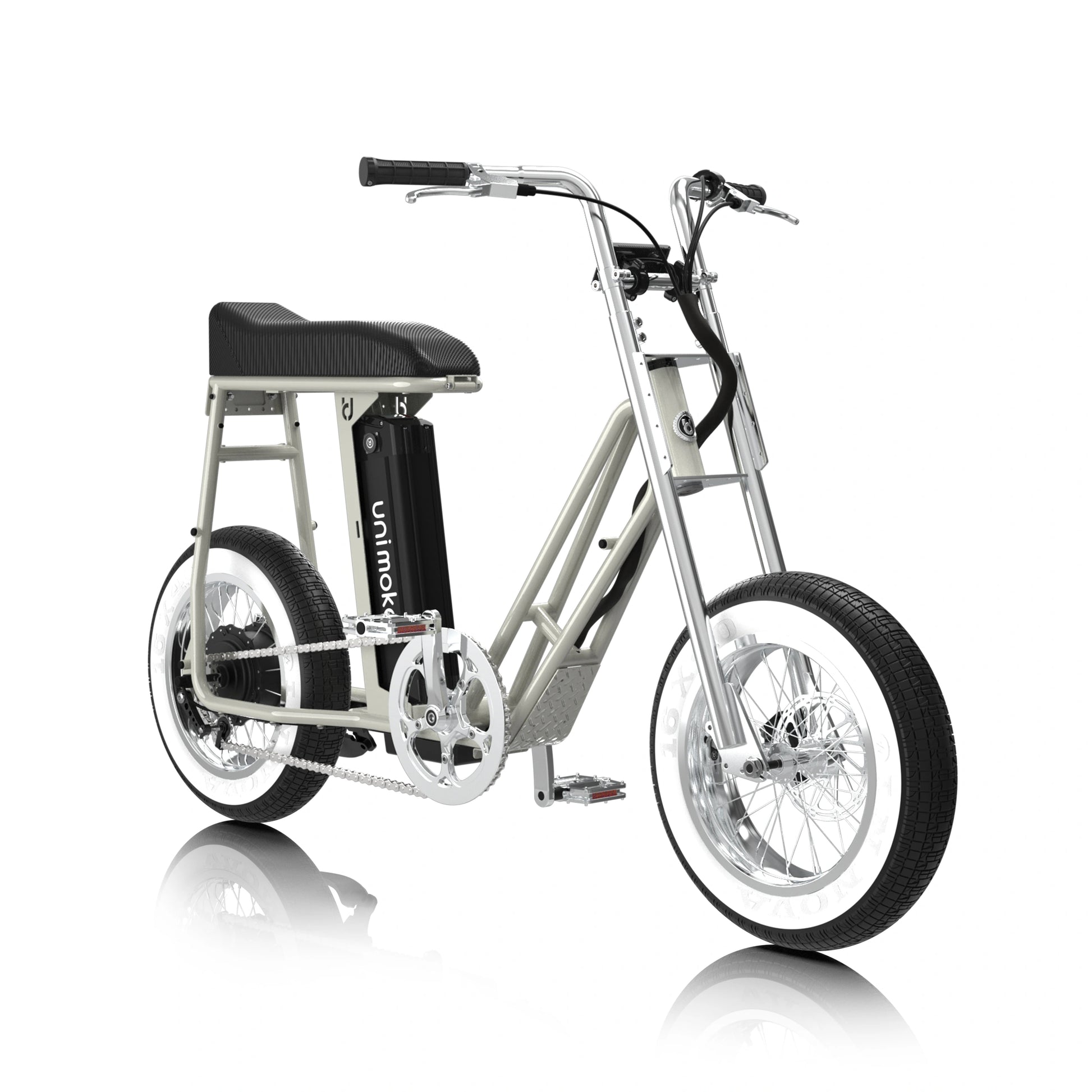 Unimoke miniswing 海鹽灰以低跨點設計結合 16 吋小輪徑與 4.0 胖胎，讓上下車更安全便利。