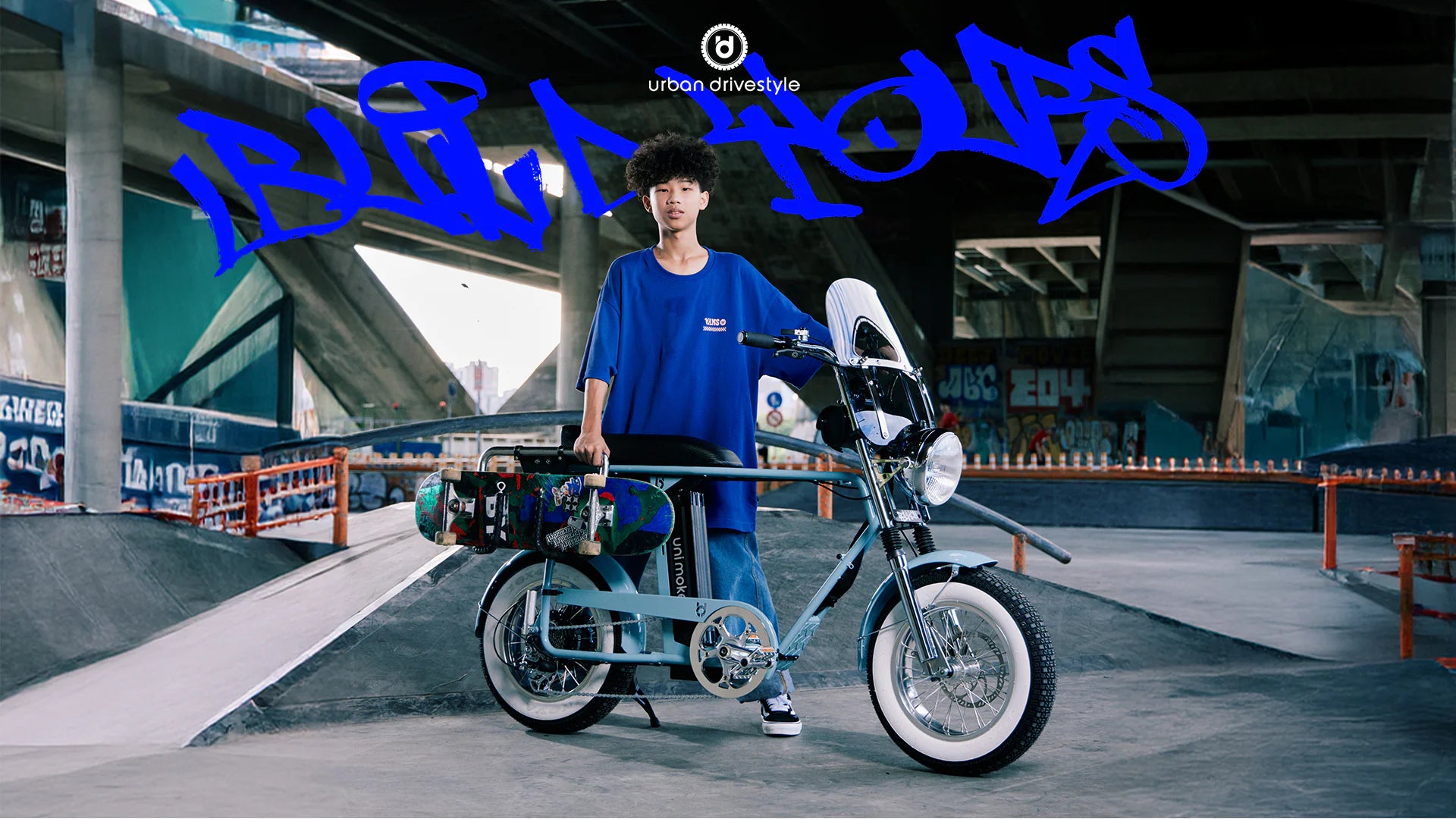 BUILD YOURS——少年與 UD '60 Minibike 十字藍電輔自行車在滑板場